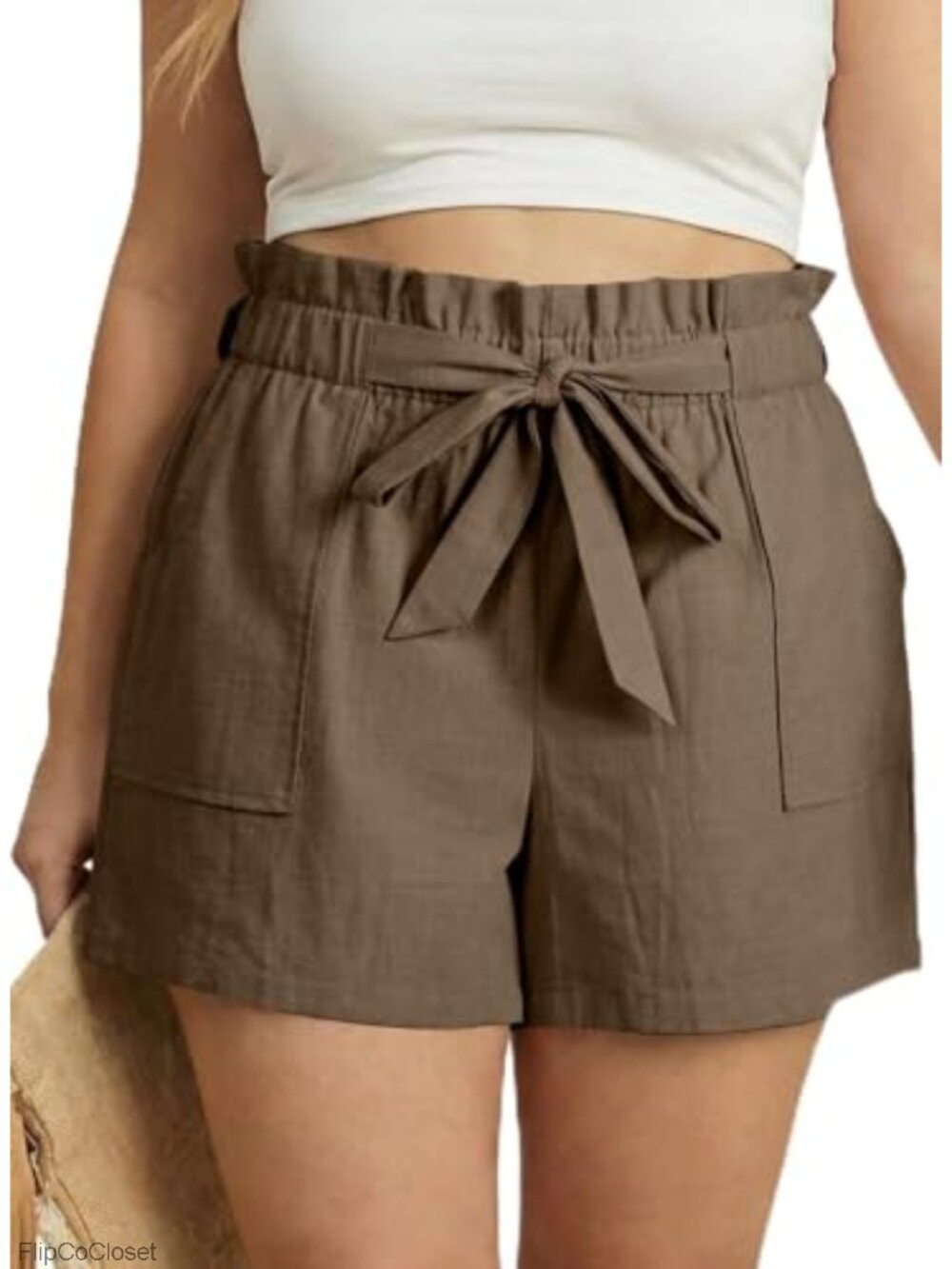 Plus Size Paperbag Waist High Rise Casual Loose Shorts with Pockets